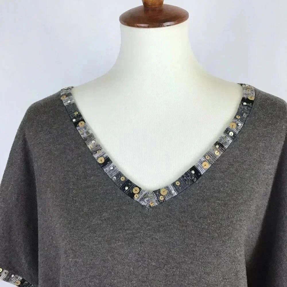 NWT Women's 1X Spring Lightweight Sweater Sequins Beaded CJ Banks V-Neck Gray - Picture 2 of 13
